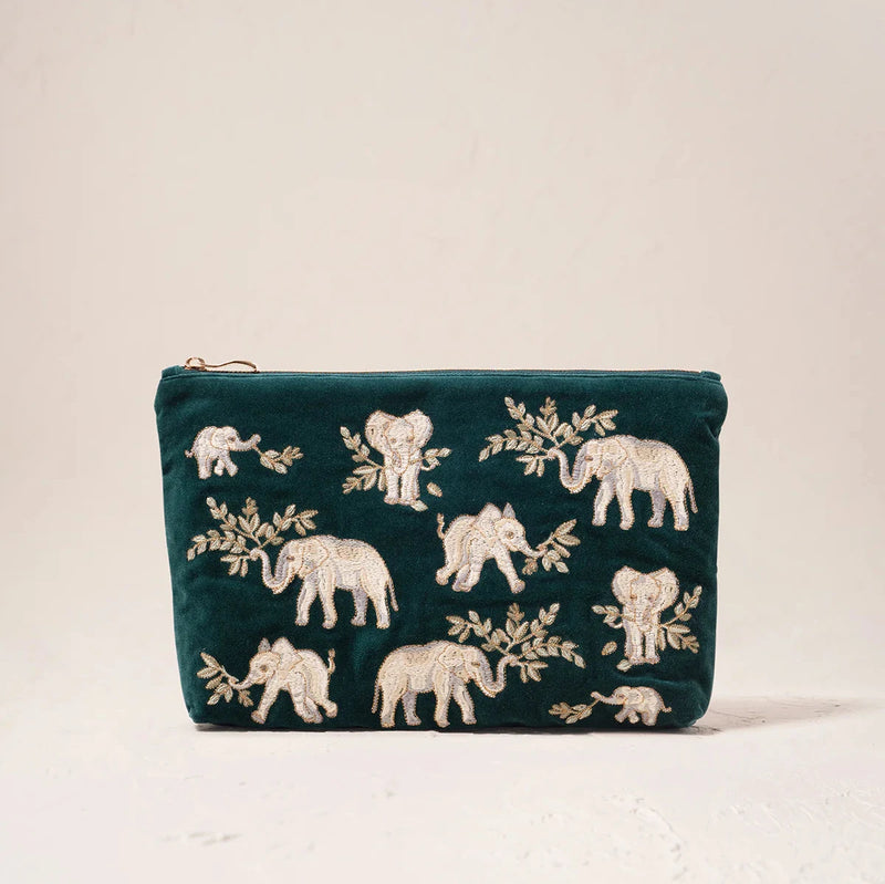 Elephant Herd Emerald Velvet Everyday Pouch
