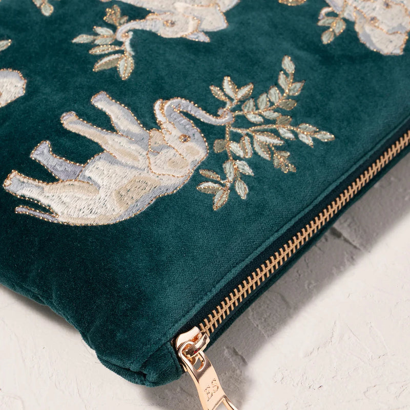 Elephant Herd Emerald Velvet Everyday Pouch